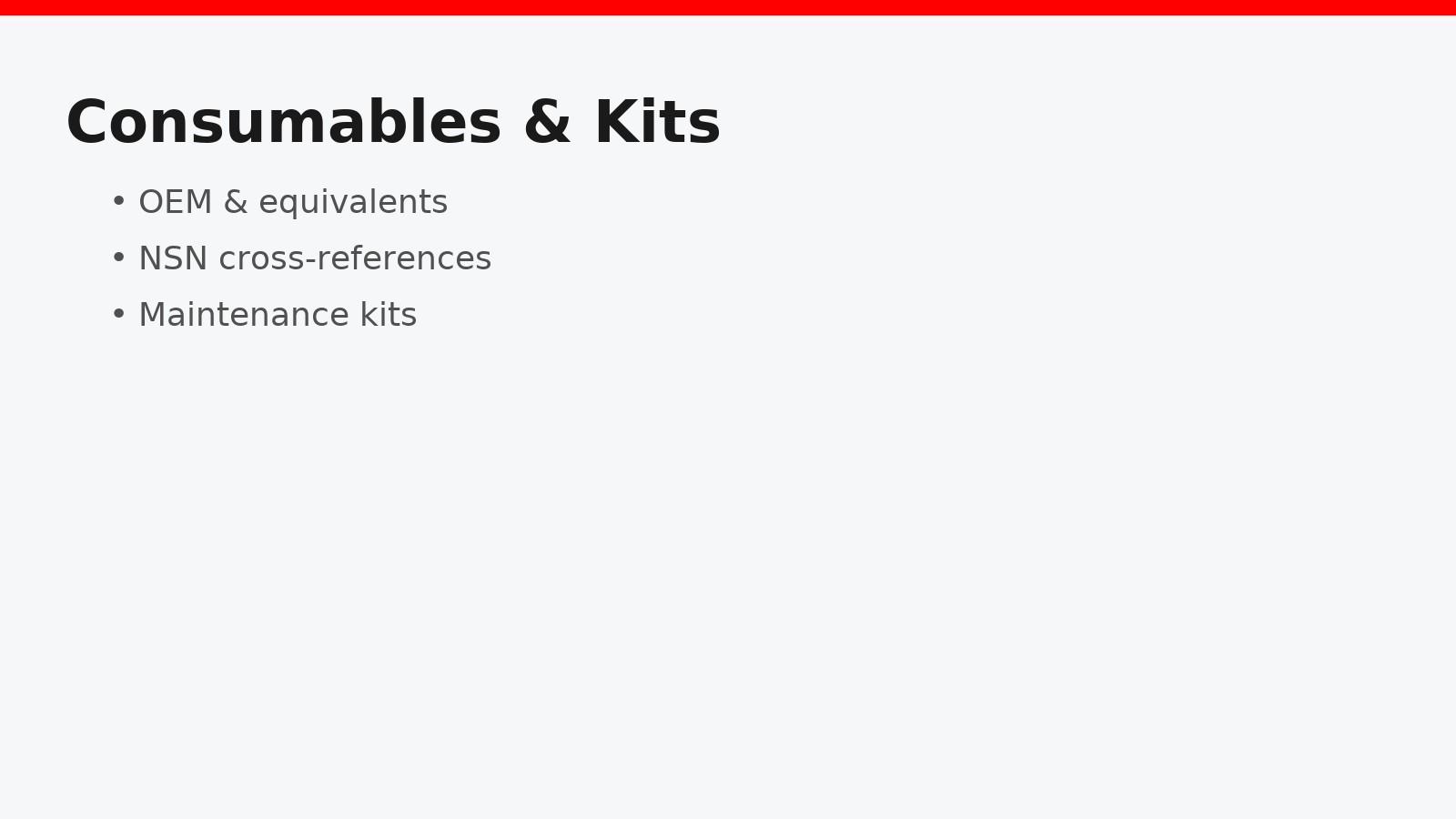 Consumables and kits: OEM & equivalents, NSN cross‑references, maintenance kits