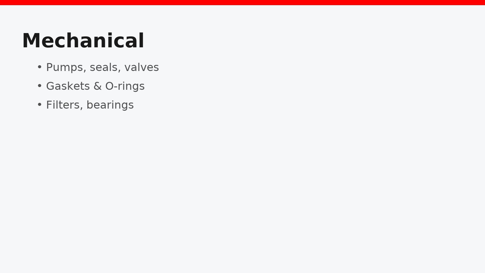 Mechanical category: pumps, seals, valves, gaskets, O‑rings, filters, bearings